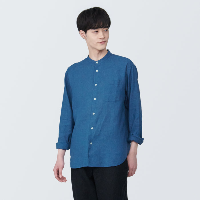 Camisas Muji Linen Stand Collar Long Sleeve Hombre Azules | NC6W4N69W