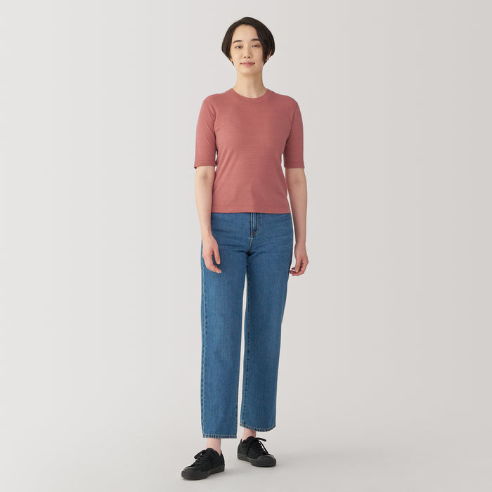 Camiseta Muji Soy Fiber Blend Ribbed Crew Neck Half Sleeve Mujer Rosas | PW4Y1L27Z